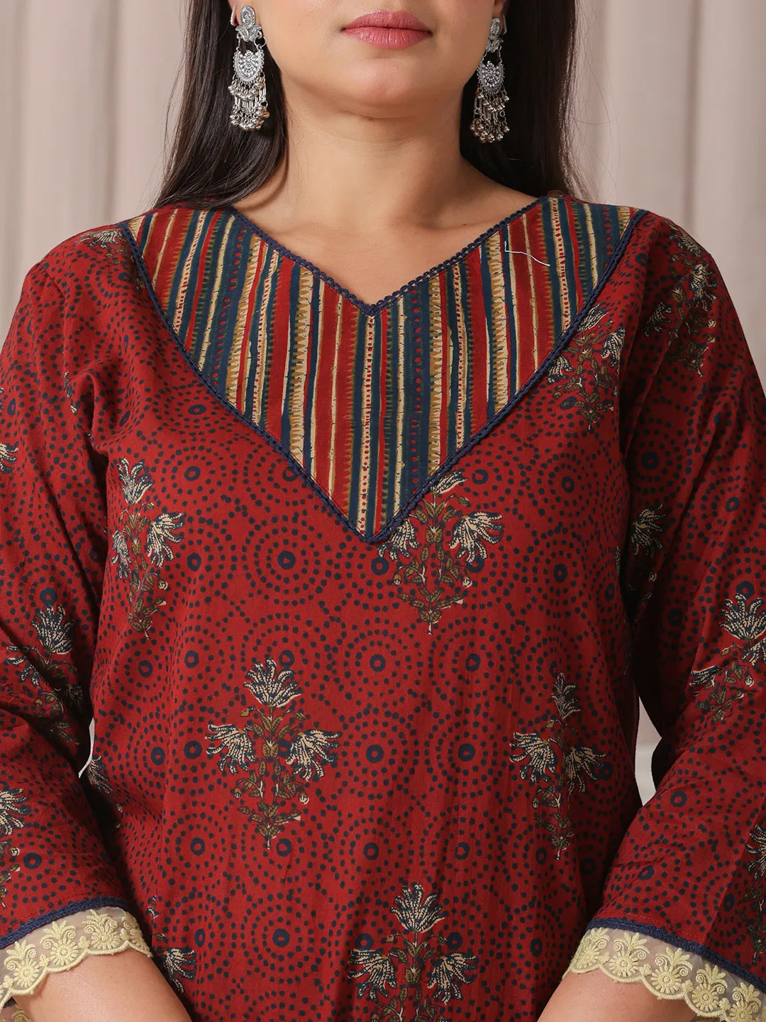 Yufta Maroon Floral Print Patch & Lace Work Plus Size Kurta Set With Pant & Dupatta | Grocsy