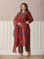 Yufta Maroon Floral Print Patch & Lace Work Plus Size Kurta Set With Pant & Dupatta | Grocsy