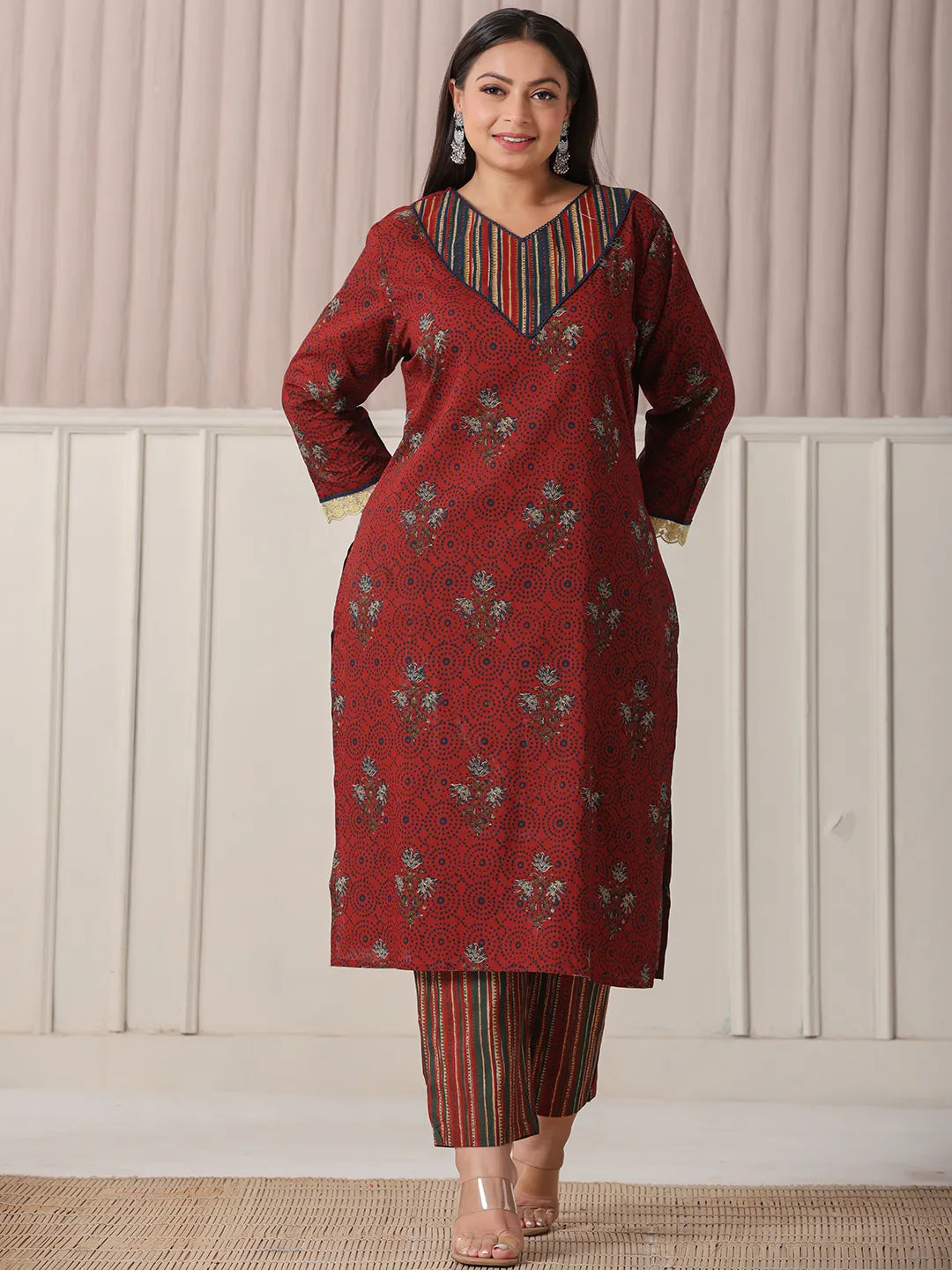 Yufta Maroon Floral Print Patch & Lace Work Plus Size Kurta Set With Pant & Dupatta | Grocsy