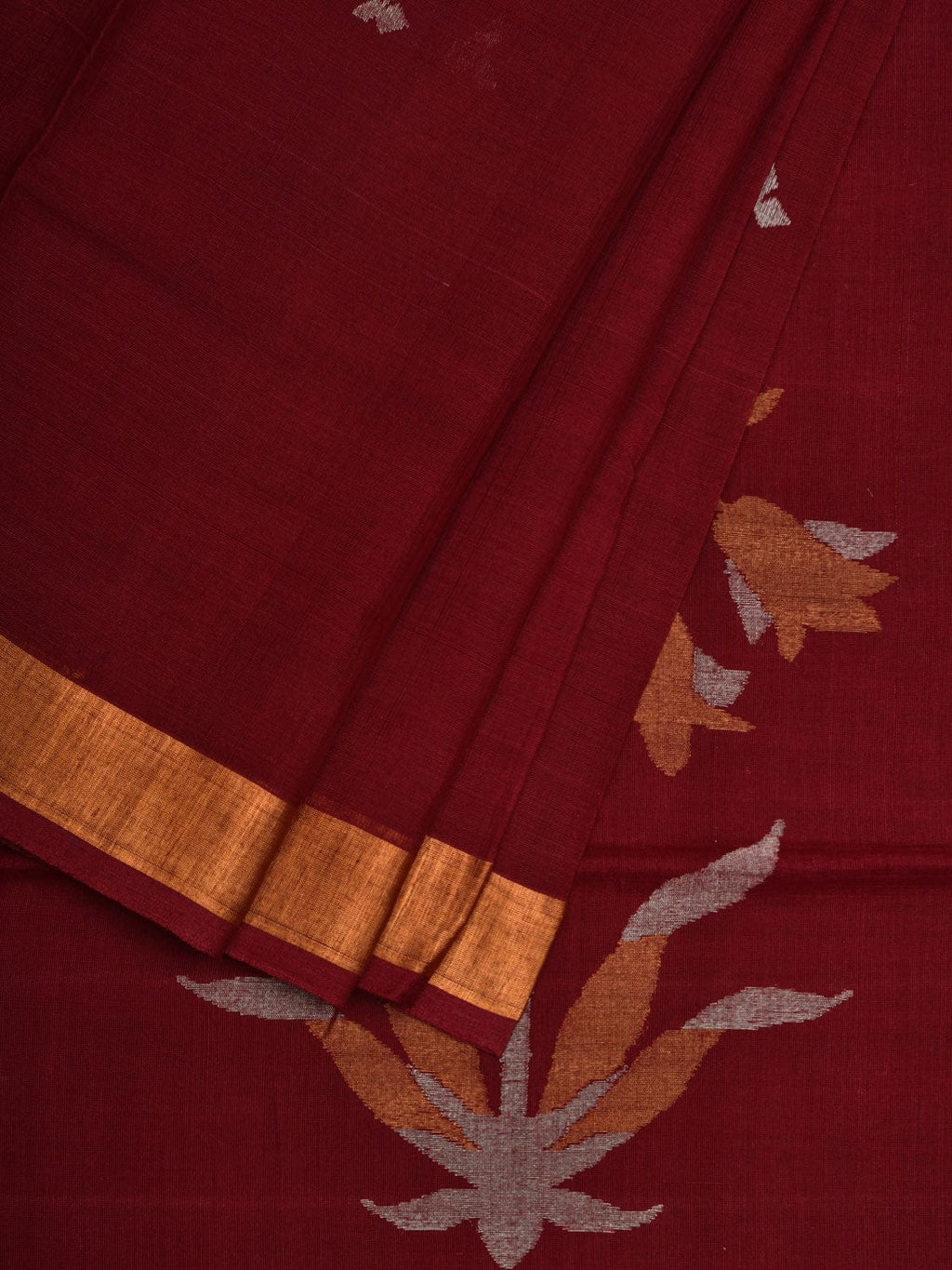 Maroon Khadi Cotton Handloom Saree with Pallu Design - Global Threads | Grocsy