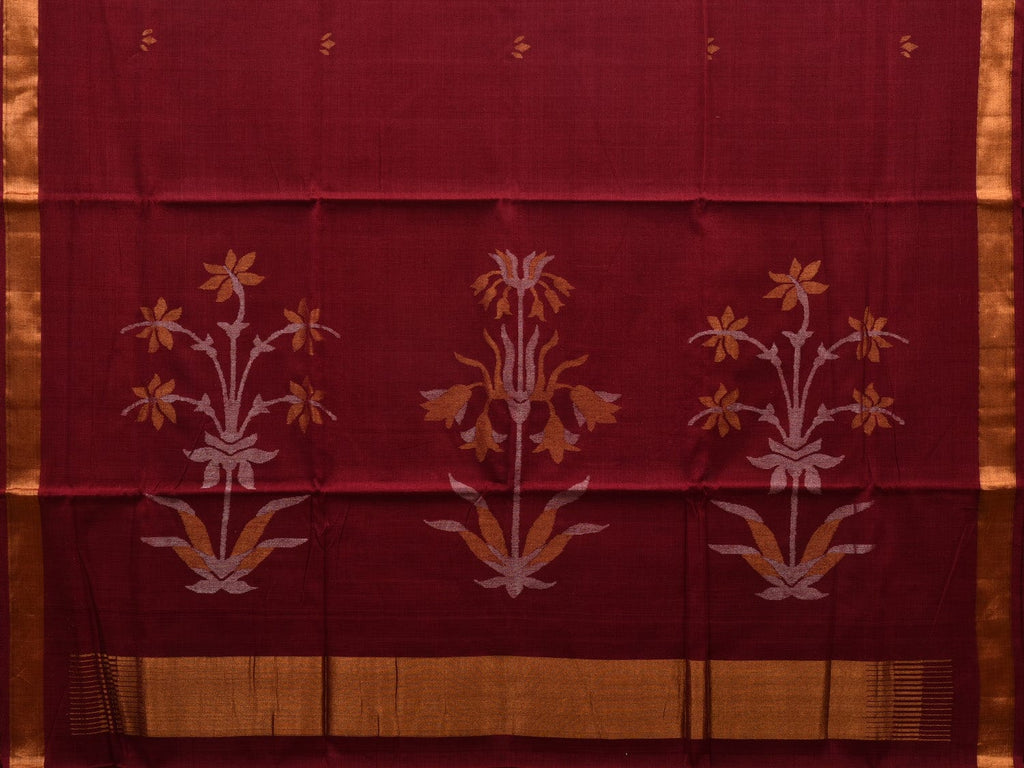 Maroon Khadi Cotton Handloom Saree with Pallu Design - Global Threads | Grocsy