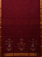 Maroon Khadi Cotton Handloom Saree with Pallu Design - Global Threads | Grocsy