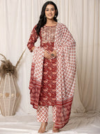 Yufta Maroon Paisley Pure Cotton Straight Kurta And Trouser With Dupatta | Grocsy