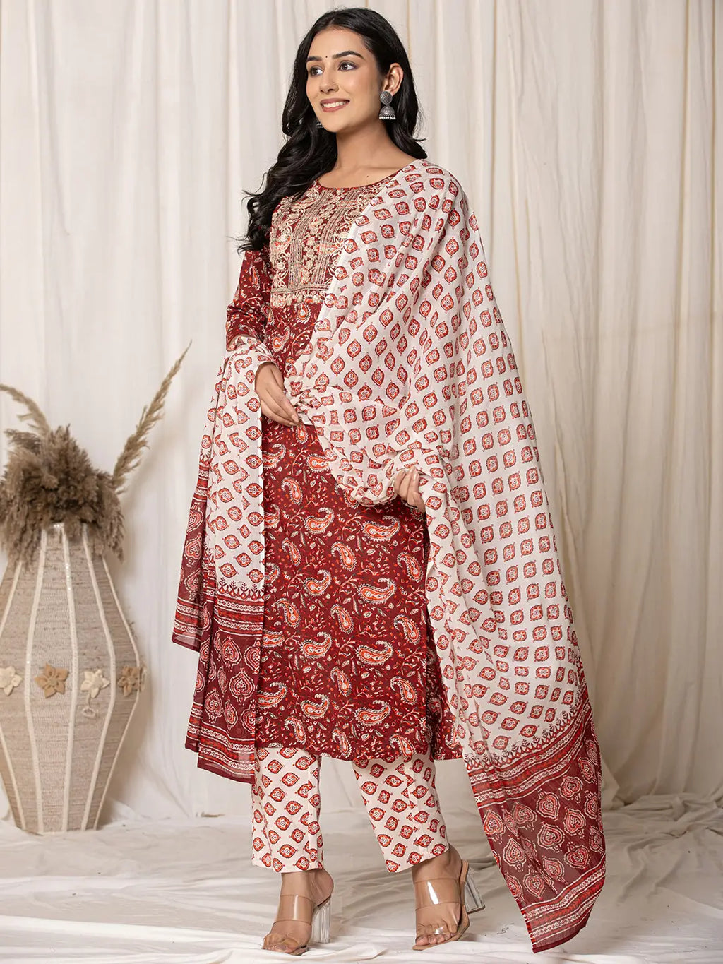 Yufta Maroon Paisley Pure Cotton Straight Kurta And Trouser With Dupatta | Grocsy