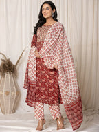 Yufta Maroon Paisley Pure Cotton Straight Kurta And Trouser With Dupatta | Grocsy