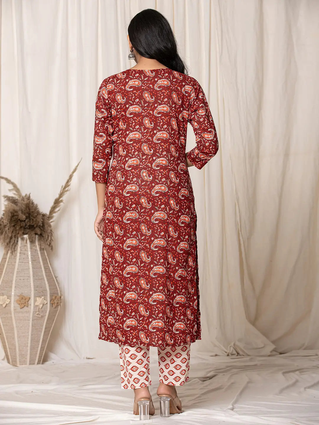 Yufta Maroon Paisley Pure Cotton Straight Kurta And Trouser With Dupatta | Grocsy