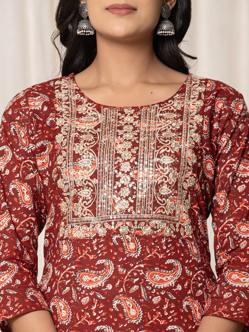 Yufta Maroon Paisley Pure Cotton Straight Kurta And Trouser With Dupatta | Grocsy