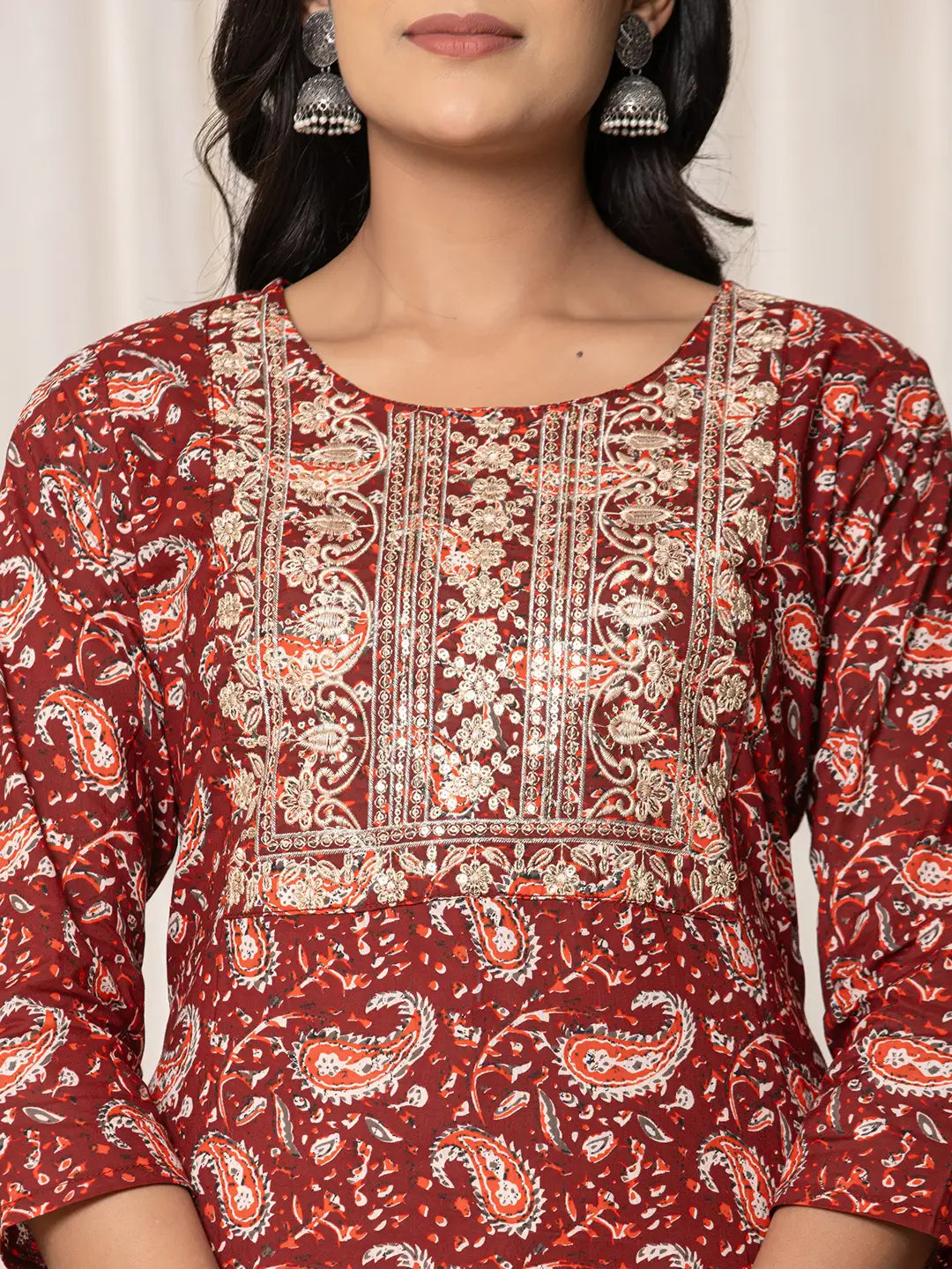 Yufta Maroon Paisley Pure Cotton Straight Kurta And Trouser With Dupatta | Grocsy