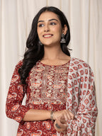 Yufta Maroon Paisley Pure Cotton Straight Kurta And Trouser With Dupatta | Grocsy