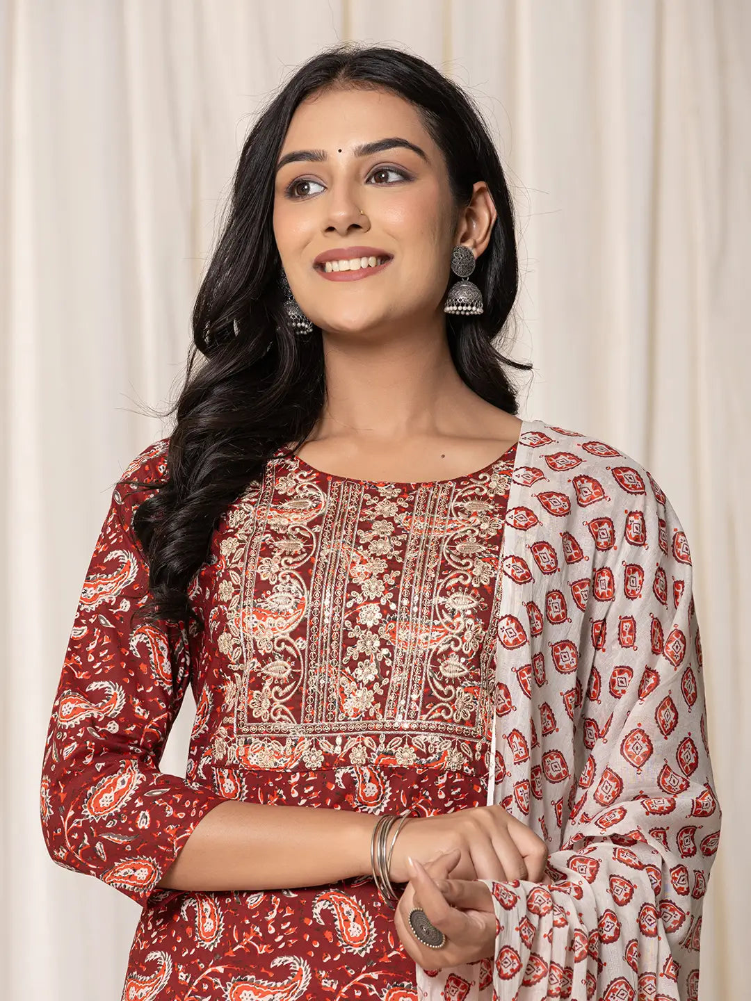 Yufta Maroon Paisley Pure Cotton Straight Kurta And Trouser With Dupatta | Grocsy