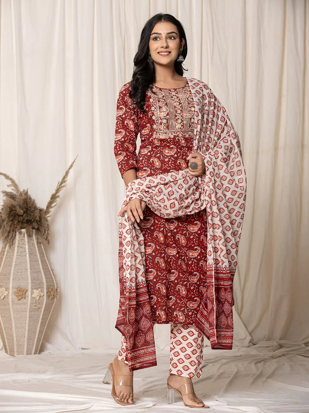 Yufta Maroon Paisley Pure Cotton Straight Kurta And Trouser With Dupatta | Grocsy