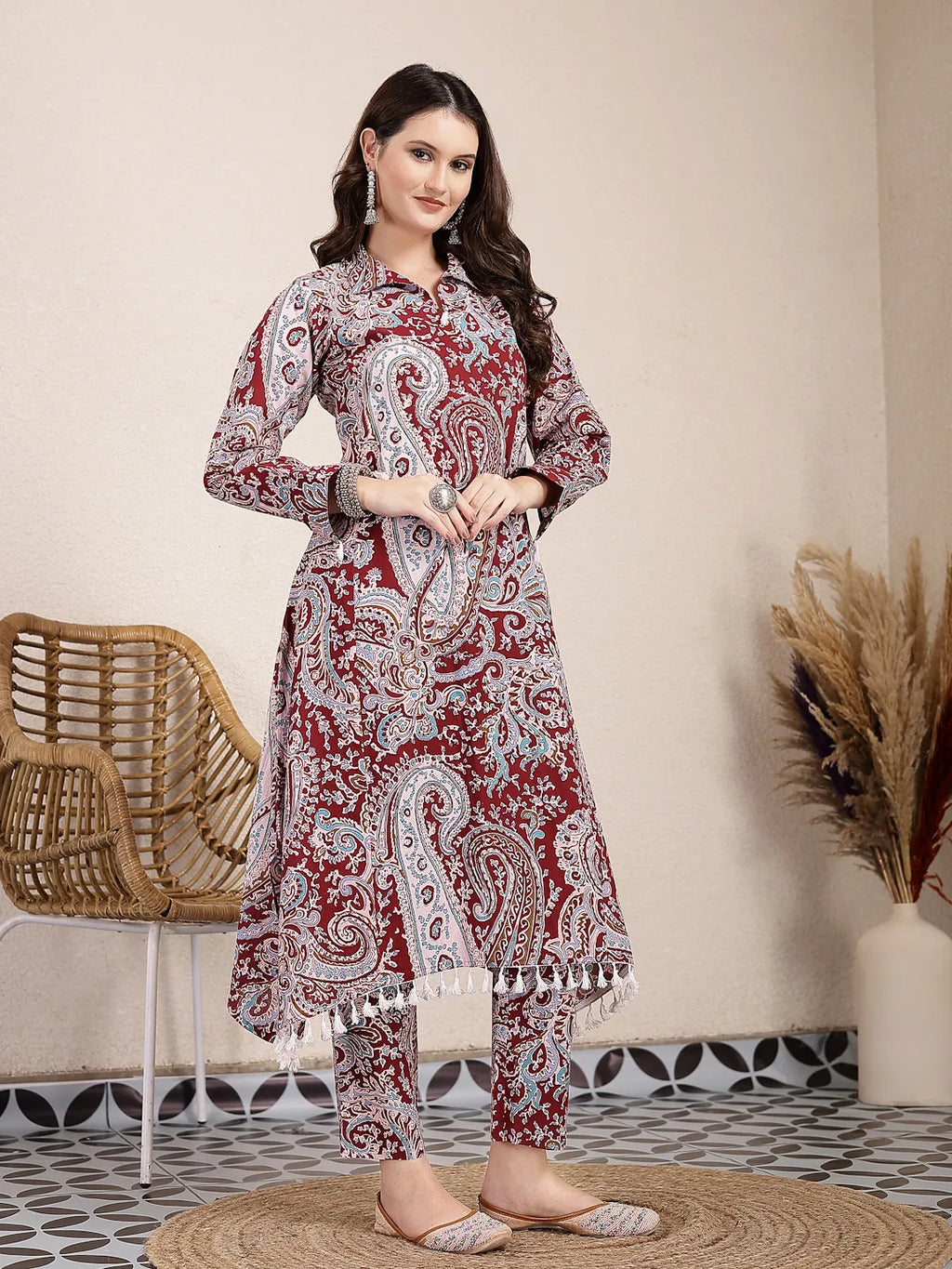 Yufta Maroon Pure Cotton Boho Print Co-Ord Set | Grocsy
