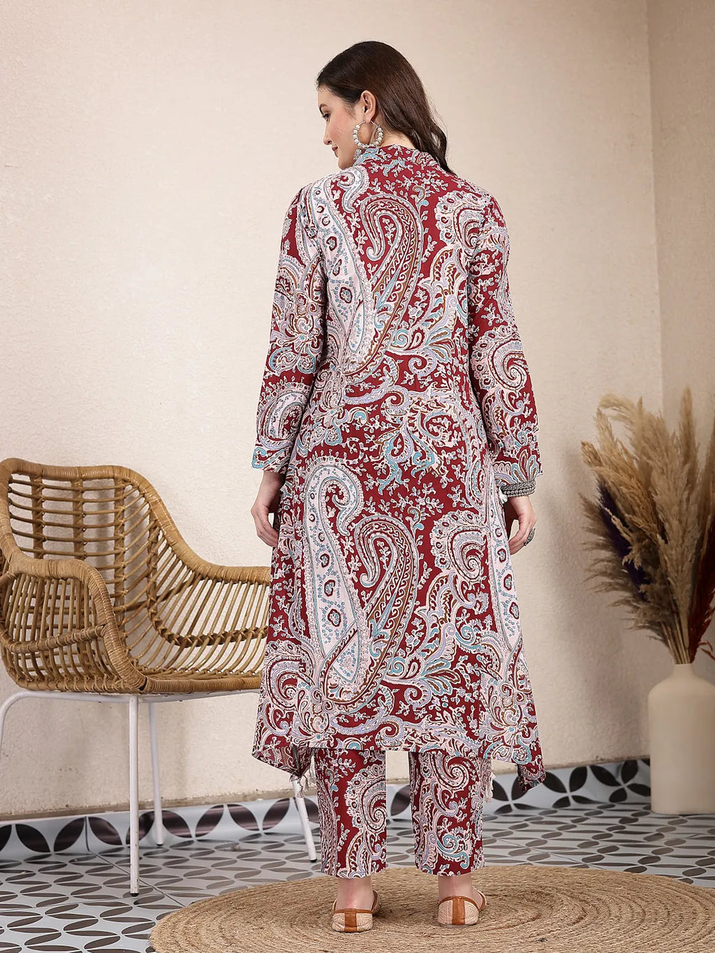 Yufta Maroon Pure Cotton Boho Print Co-Ord Set | Grocsy