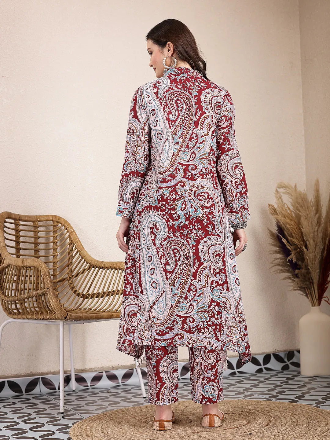 Yufta Maroon Pure Cotton Boho Print Co-Ord Set | Grocsy