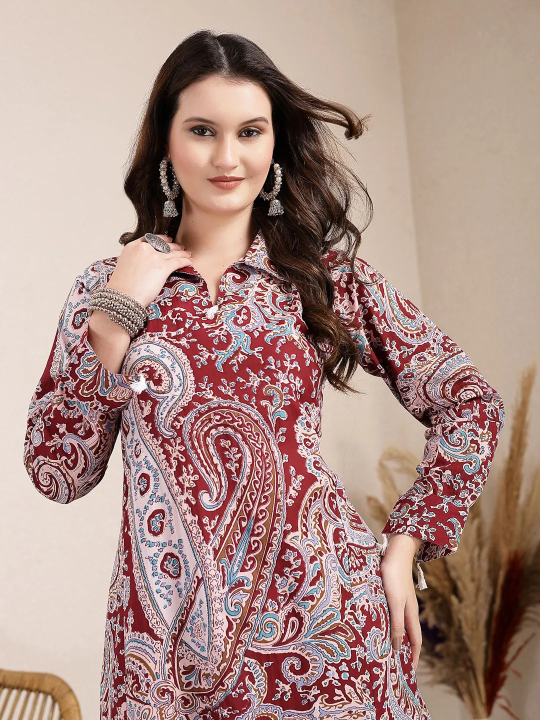 Yufta Maroon Pure Cotton Boho Print Co-Ord Set | Grocsy