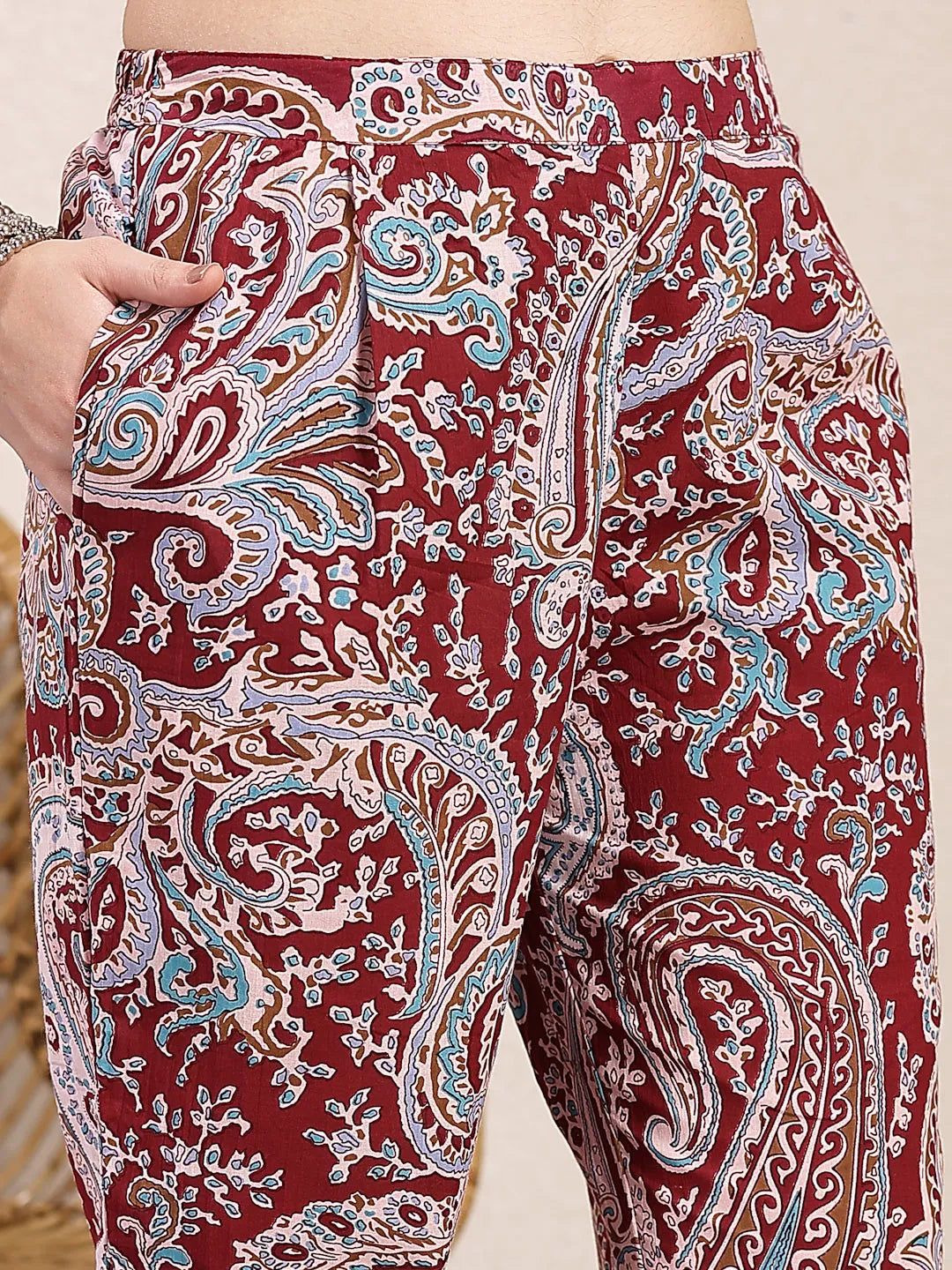 Yufta Maroon Pure Cotton Boho Print Co-Ord Set | Grocsy