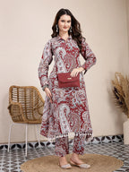 Yufta Maroon Pure Cotton Boho Print Co-Ord Set | Grocsy