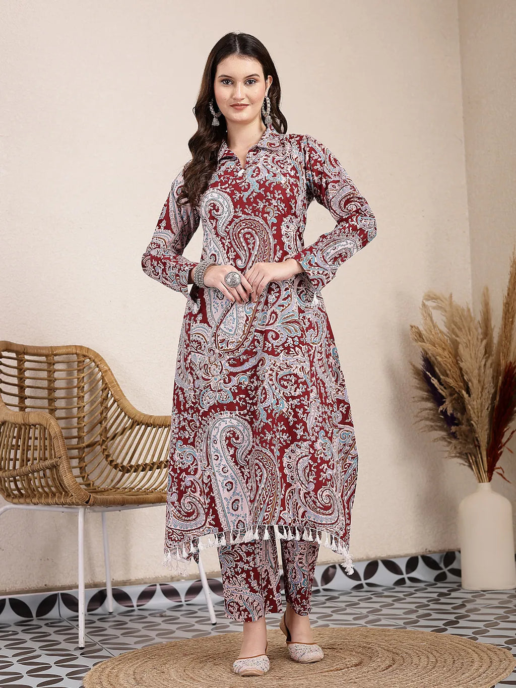 Yufta Maroon Pure Cotton Boho Print Co-Ord Set | Grocsy