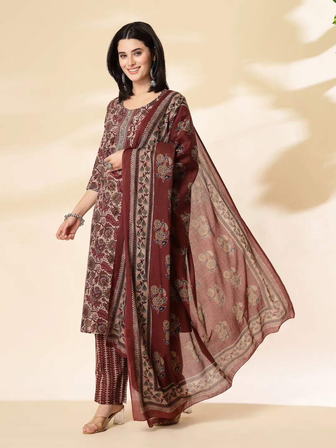 Yufta Maroon Pure Cotton Straight Kurta Dupatta Set | Grocsy