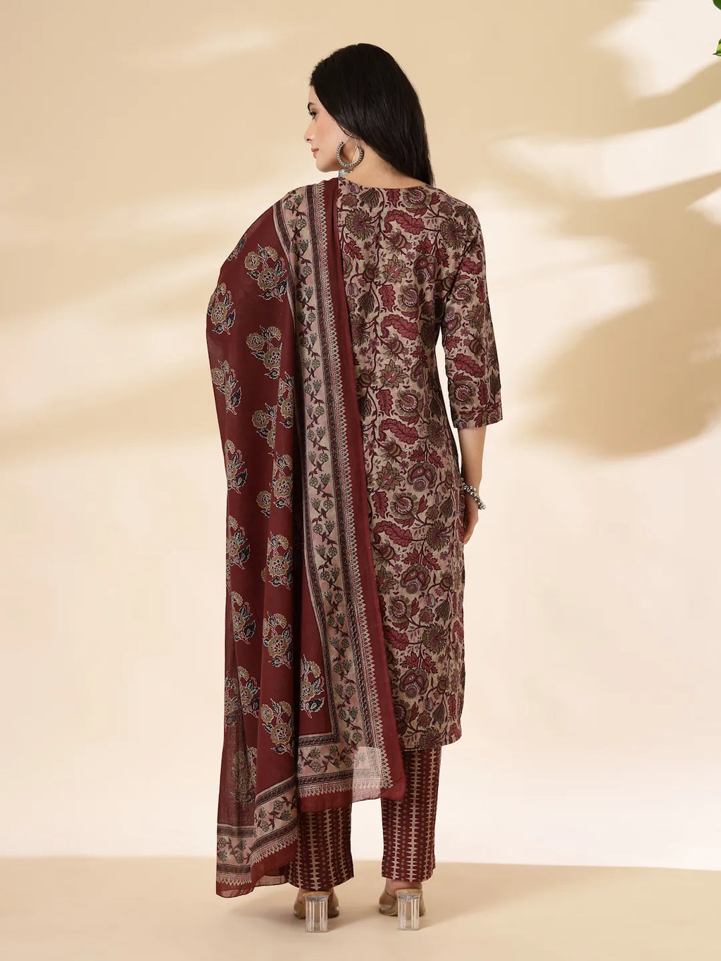 Yufta Maroon Pure Cotton Straight Kurta Dupatta Set | Grocsy