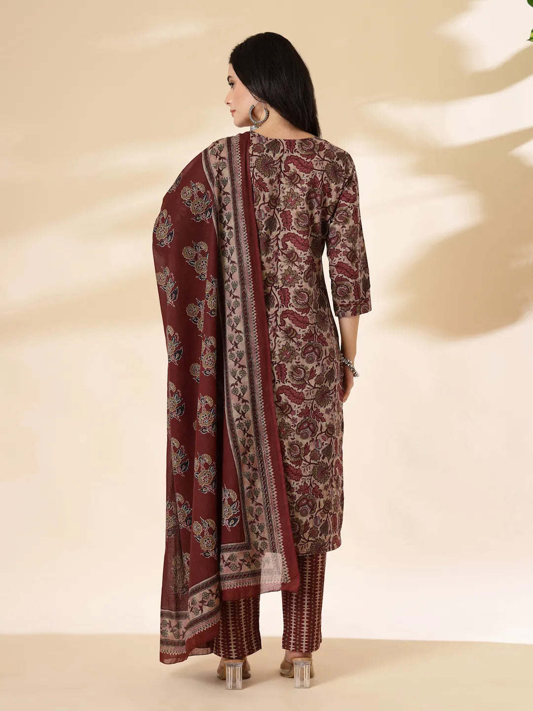Yufta Maroon Pure Cotton Straight Kurta Dupatta Set | Grocsy