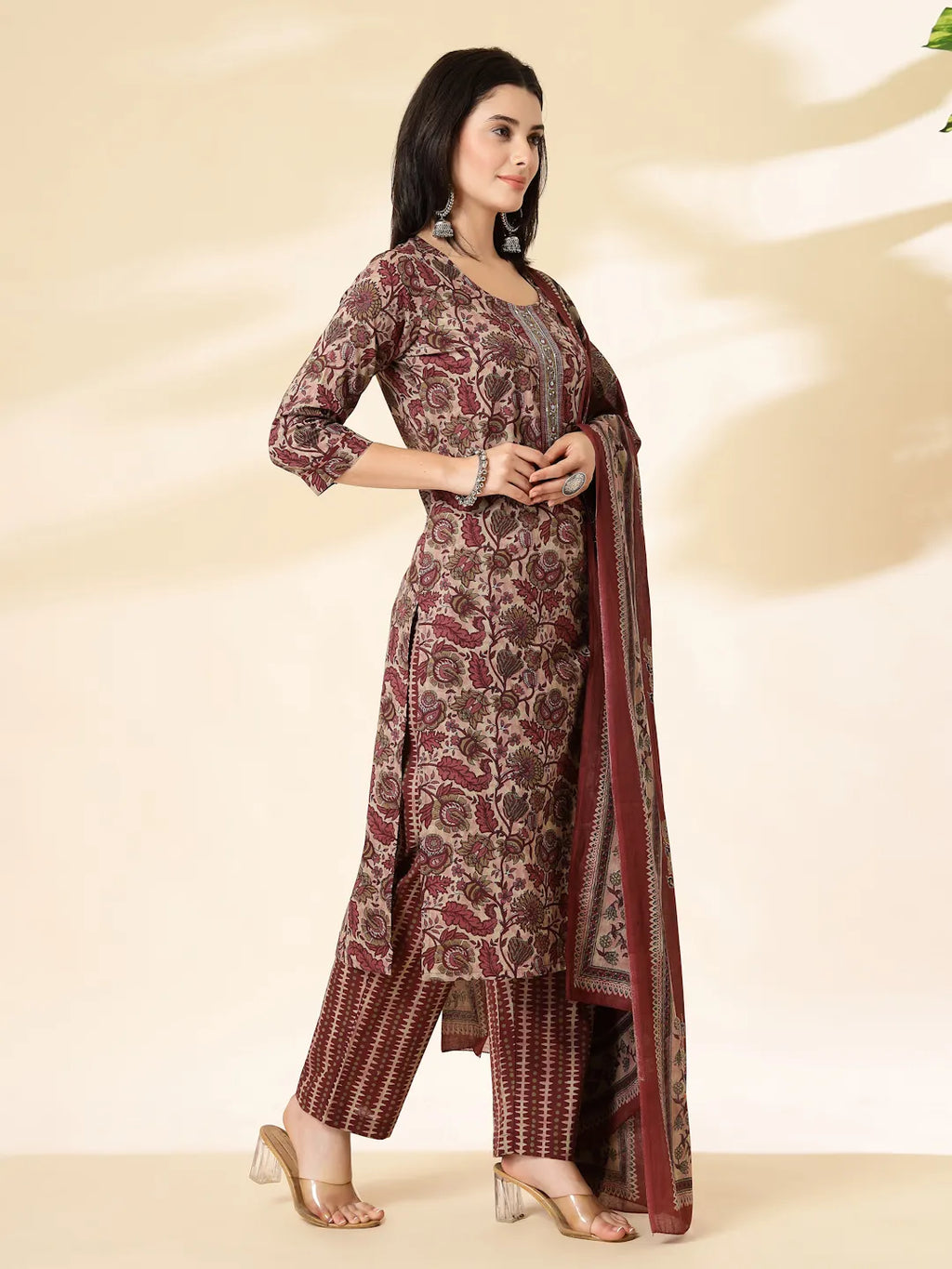 Yufta Maroon Pure Cotton Straight Kurta Dupatta Set | Grocsy