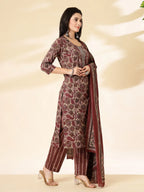 Yufta Maroon Pure Cotton Straight Kurta Dupatta Set | Grocsy