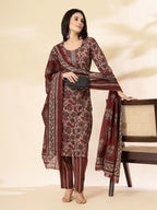 Yufta Maroon Pure Cotton Straight Kurta Dupatta Set | Grocsy