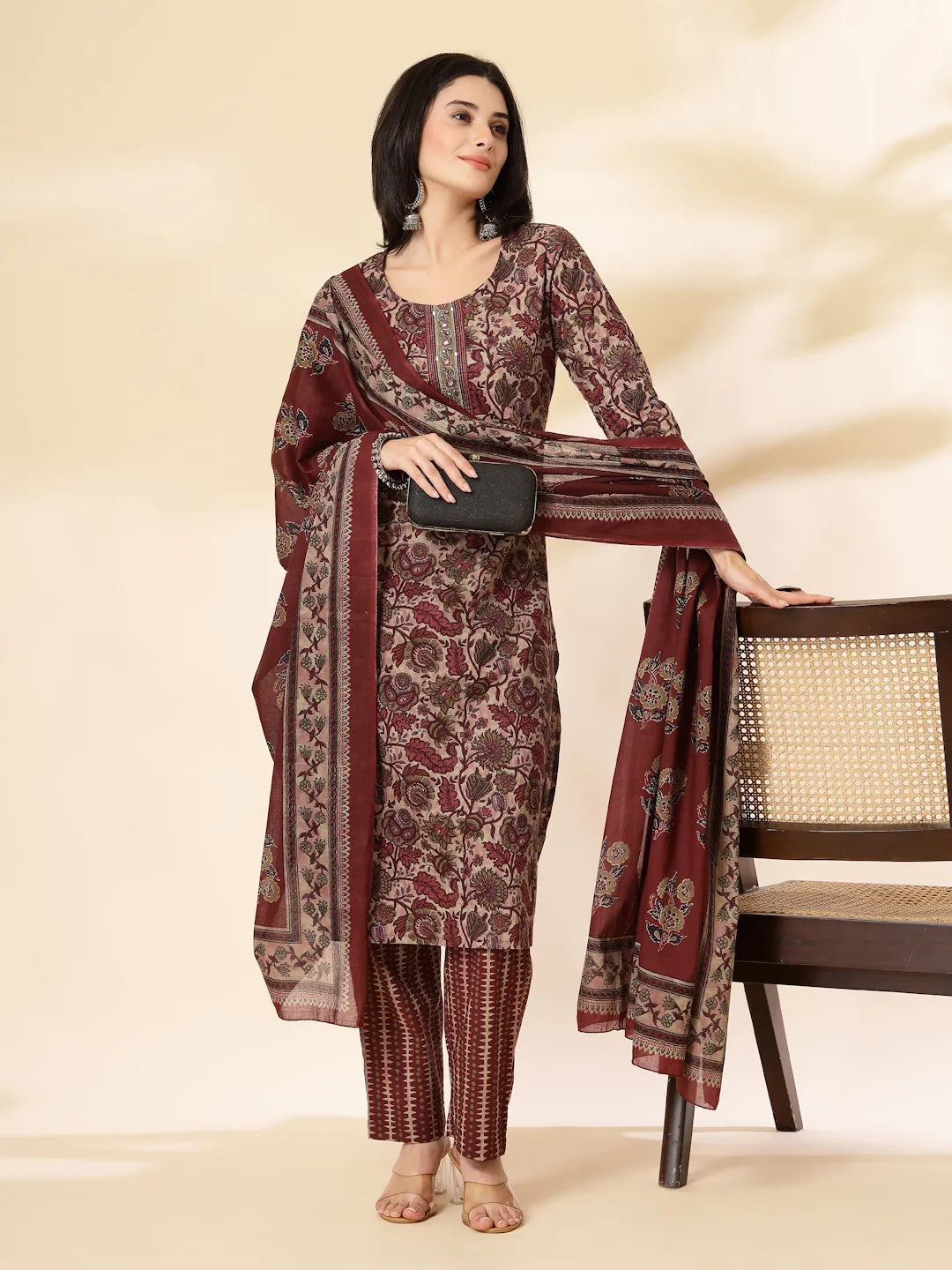Yufta Maroon Pure Cotton Straight Kurta Dupatta Set | Grocsy