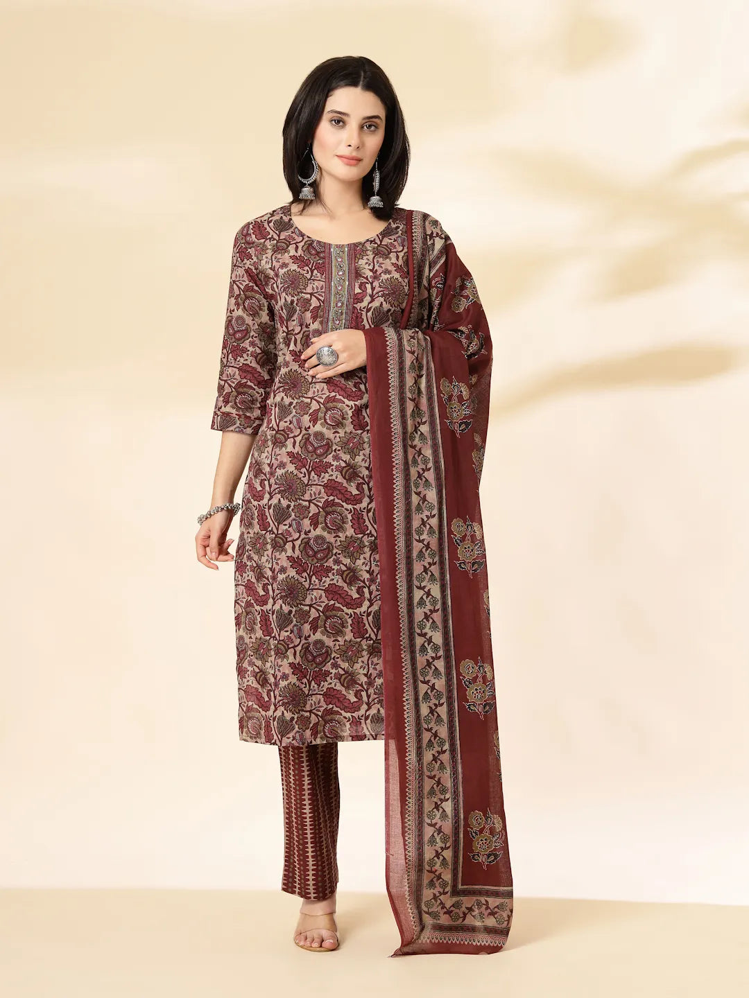 Yufta Maroon Pure Cotton Straight Kurta Dupatta Set | Grocsy