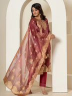 Yufta Maroon Tissue Kurta Dupatta Pant Set | Grocsy