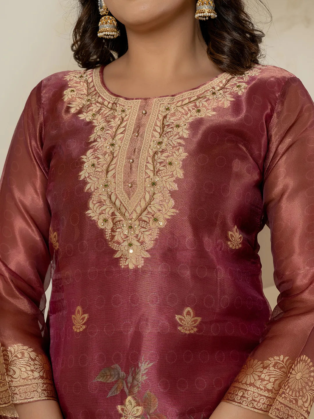 Yufta Maroon Tissue Kurta Dupatta Pant Set | Grocsy