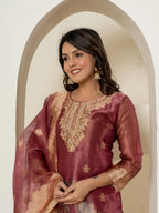 Yufta Maroon Tissue Kurta Dupatta Pant Set | Grocsy