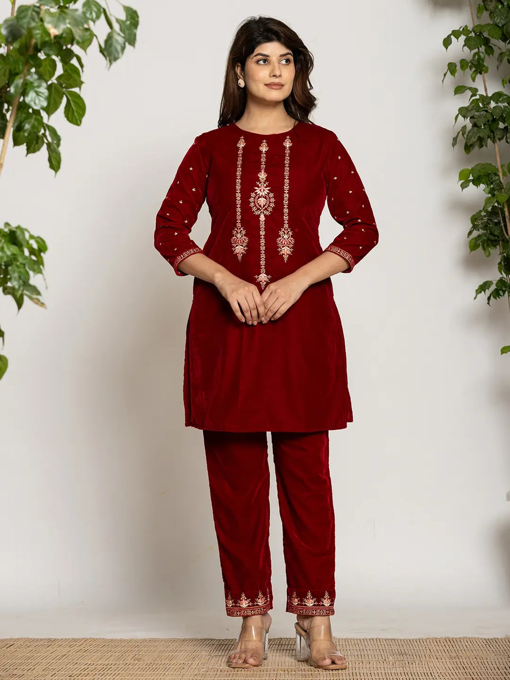 Yufta Maroon Velvet Embroidered Co-Ord Set With Cotton Lining | Grocsy