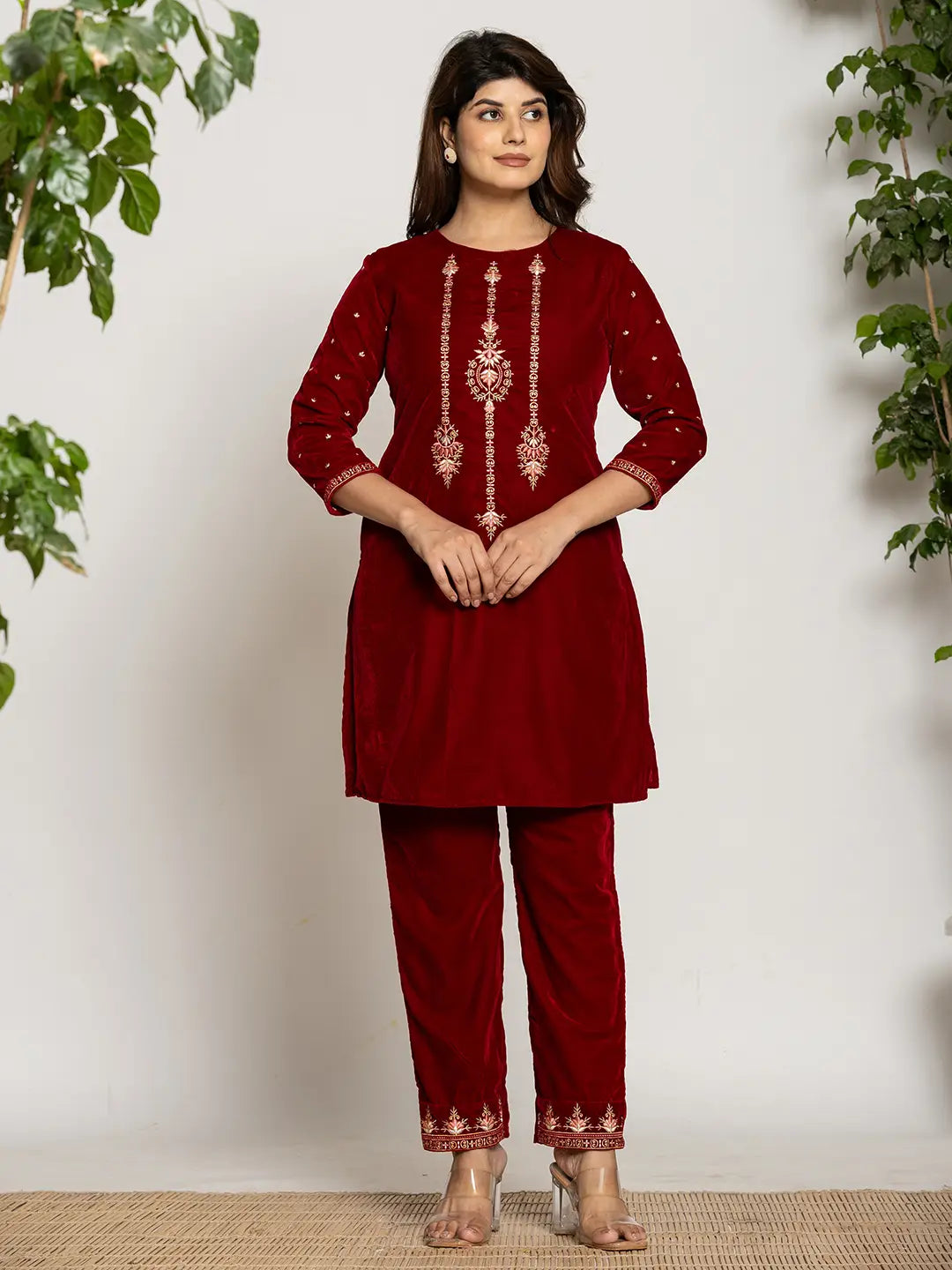Yufta Maroon Velvet Embroidered Co-Ord Set With Cotton Lining | Grocsy