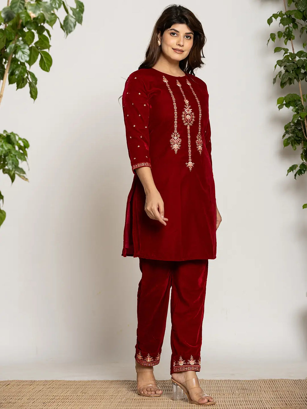 Yufta Maroon Velvet Embroidered Co-Ord Set With Cotton Lining | Grocsy