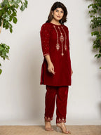 Yufta Maroon Velvet Embroidered Co-Ord Set With Cotton Lining | Grocsy