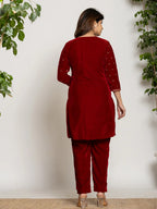 Yufta Maroon Velvet Embroidered Co-Ord Set With Cotton Lining | Grocsy