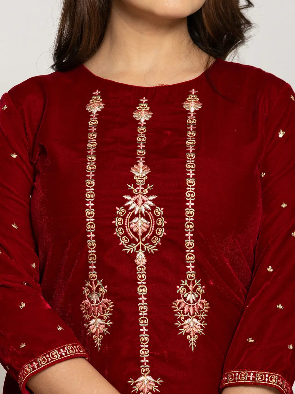 Yufta Maroon Velvet Embroidered Co-Ord Set With Cotton Lining | Grocsy