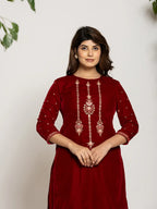 Yufta Maroon Velvet Embroidered Co-Ord Set With Cotton Lining | Grocsy