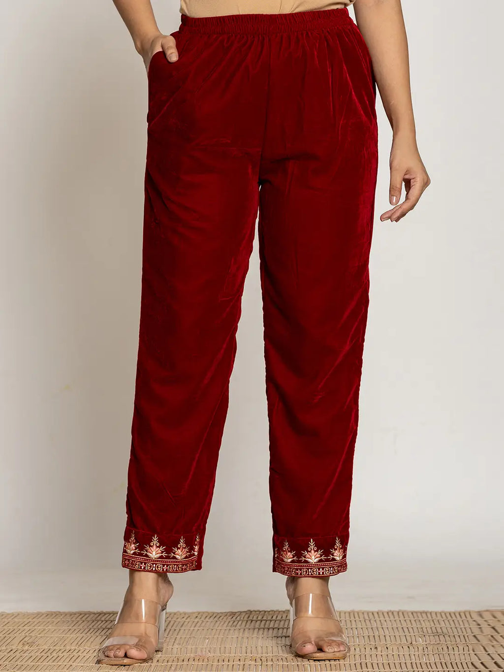 Yufta Maroon Velvet Embroidered Co-Ord Set With Cotton Lining | Grocsy
