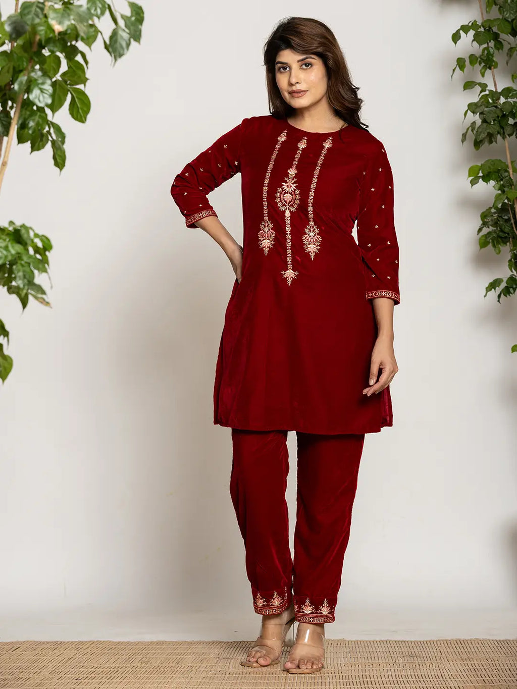 Yufta Maroon Velvet Embroidered Co-Ord Set With Cotton Lining | Grocsy