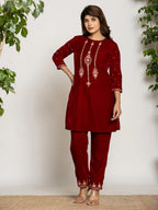 Yufta Maroon Velvet Embroidered Co-Ord Set With Cotton Lining | Grocsy