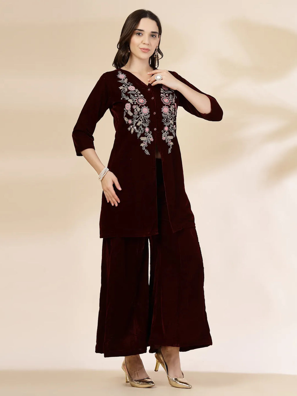 Yufta Maroon Velvet Zari Work CoOrd Set | Grocsy