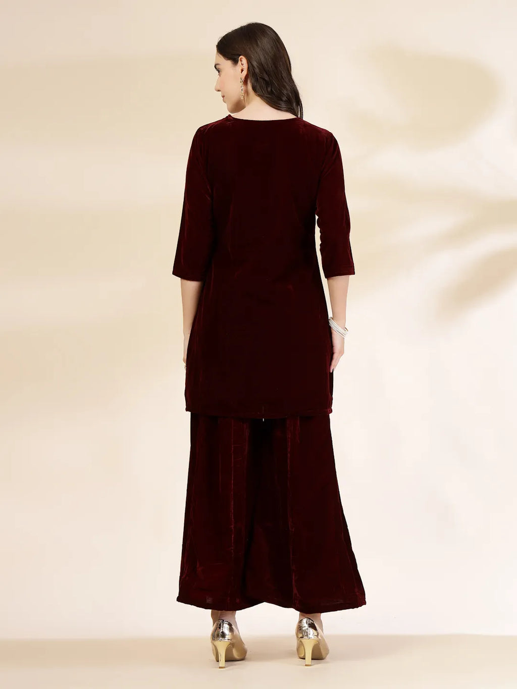Yufta Maroon Velvet Zari Work CoOrd Set | Grocsy