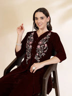 Yufta Maroon Velvet Zari Work CoOrd Set | Grocsy