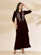 Yufta Maroon Velvet Zari Work CoOrd Set | Grocsy
