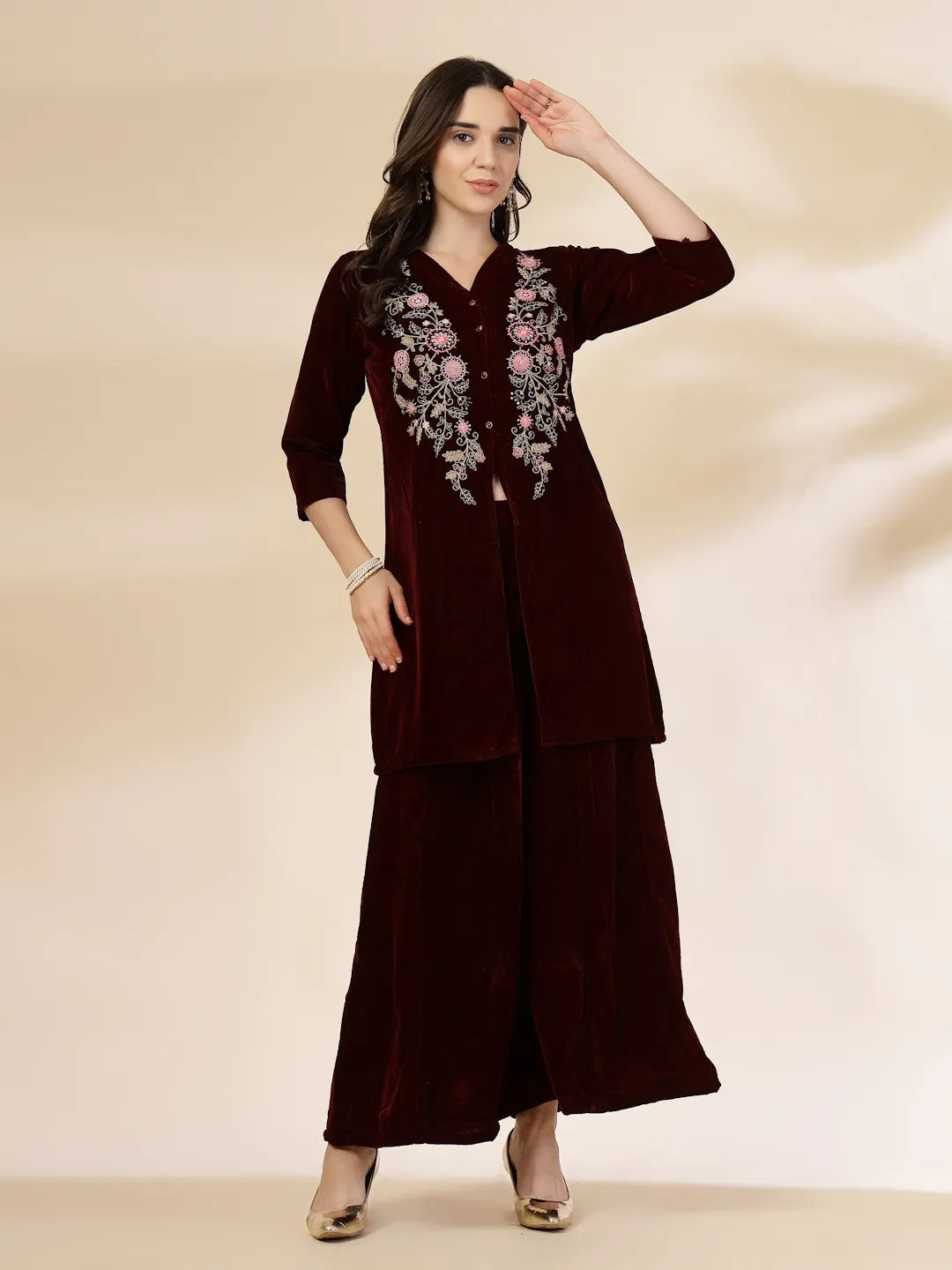 Yufta Maroon Velvet Zari Work CoOrd Set | Grocsy