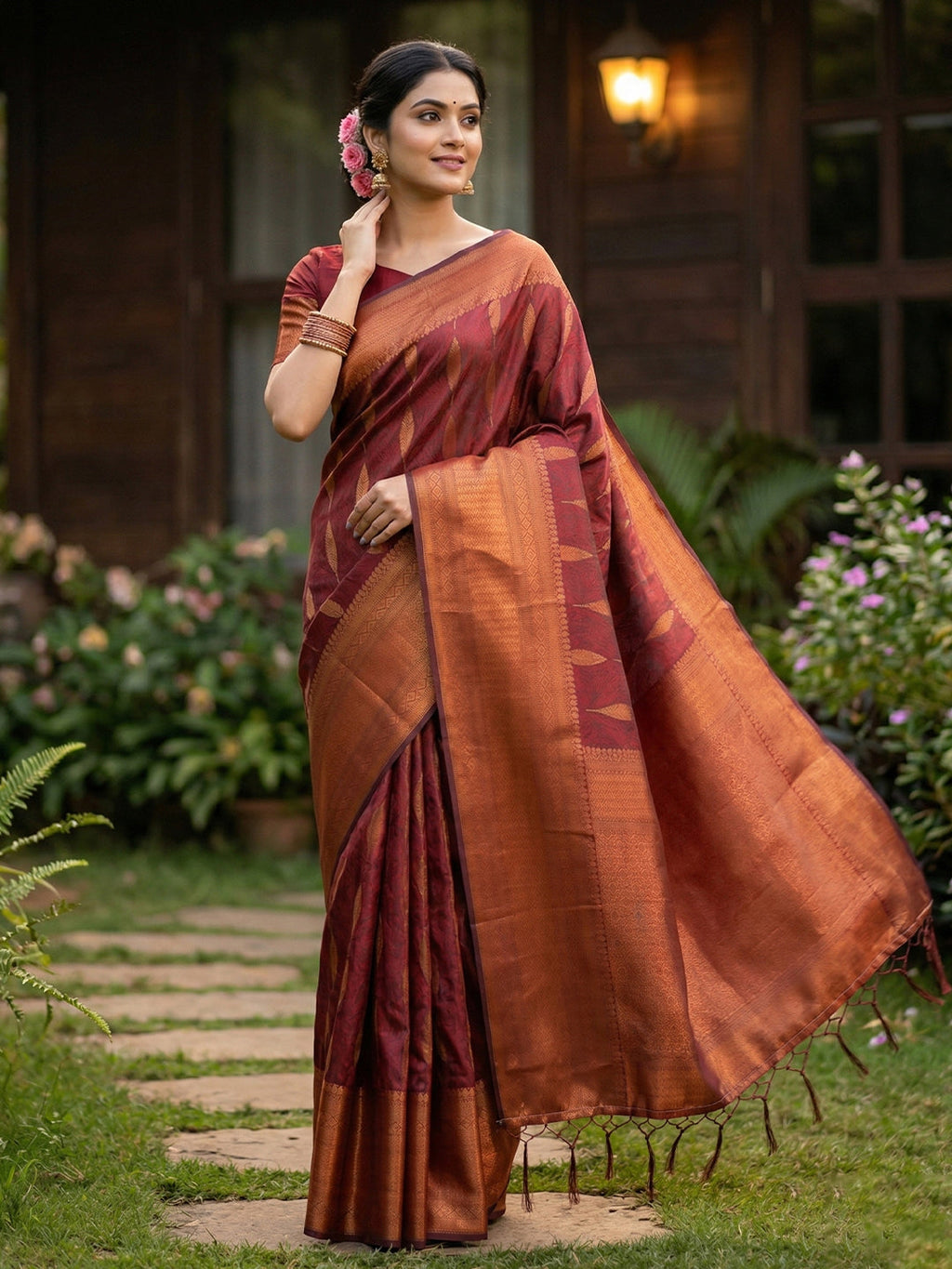 Anaita Maroon Silk Blend Woven Saree With Blouse | Grocsy