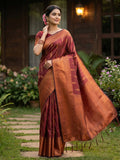 Anaita Maroon Silk Blend Woven Saree With Blouse | Grocsy